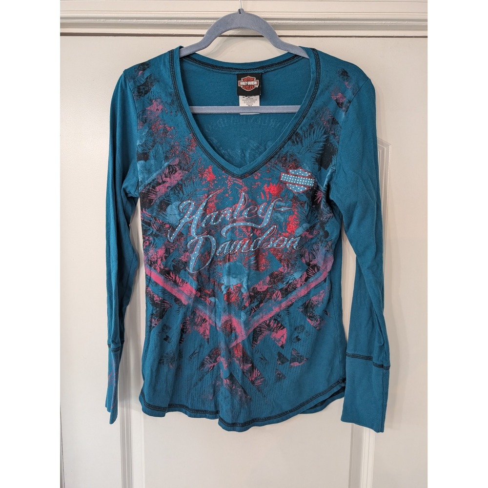 Harley-Davidson Womens Maui‎ Hawaii Graphic Long Sleeve V-Neck Blue Y2K Medium